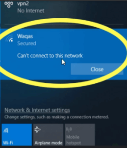 screenshot of can't connect to this network example